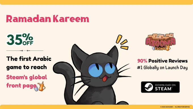 Photo by Azooma Escape | عزومة on March 01, 2026. An illustration of ‎a black cat poster, card and ‎text that says '‎Ramadan Kareem 35％ OFF. The first Arabic game to reach Steam's global front page. 90% Positive Reviews. #1 Globally on Launch Day DOWNLOAD ON STEAM ©2026 ASHGAMES ALLRIGHTSRESERVED‎.
تم تعبئة الكرش بنجاح