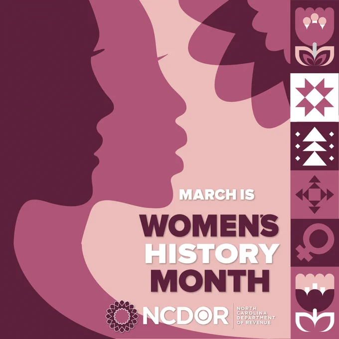 Silhouettes of three women in shades of purple with text celebrating March as Women's History Month by NCDOR.