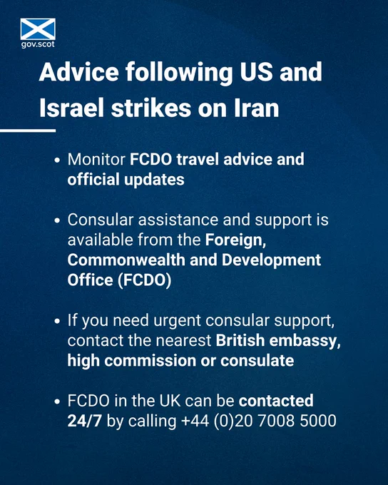UK government advice on monitoring FCDO travel updates after US and Israel strikes on Iran.