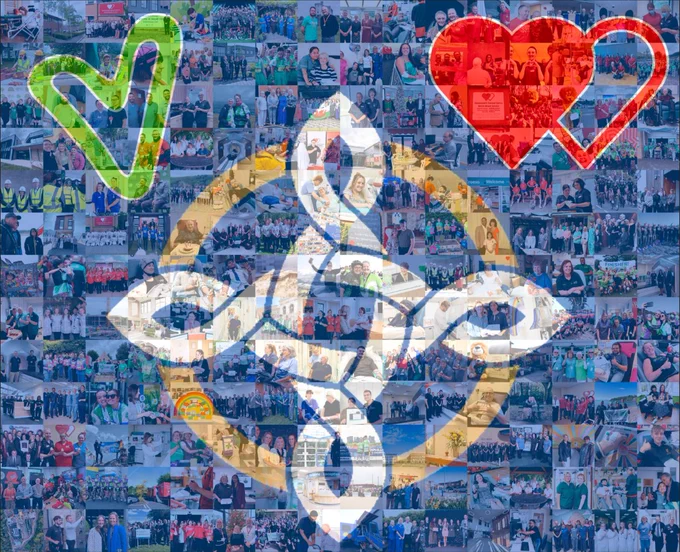 A collage of a group photos with an overlay of the Velindre University NHS Trust, Velindre Cancer Service and Welsh Blood Service logos.