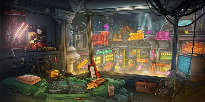 Illustration inside of the Leather Temple album, view of a futuristic city full of neons from the inside of a messy hotel room.