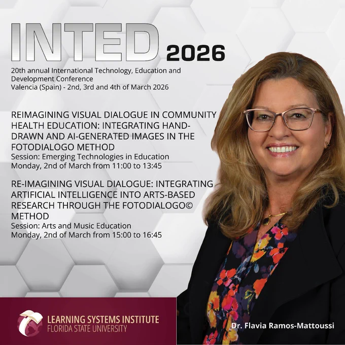 Promotional image for INTED 2026, the International Technology, Education and Development Conference in Valencia, Spain. Dr. Flavia S. Ramos-Mattoussi is smiling beside the conference details. The Learning Systems Institute logo is at the bottom left. 