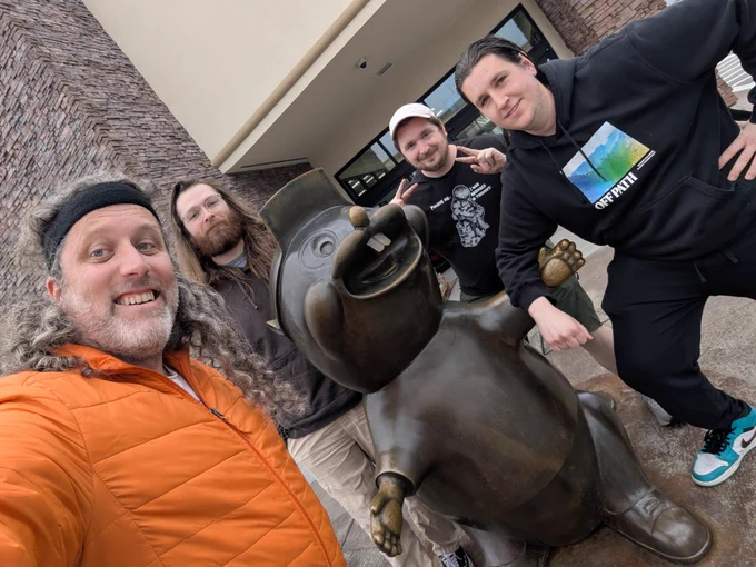 ToadStack members and Curtis with Buccee beaver statue in Florence, SC