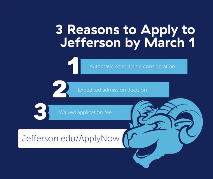 3 Reasons to Apply to Jefferson by March 1

1. Automatic scholarship consideration
2. Expedited admission decision
3. Waived application fee

> Jefferson.edu/ApplyNow