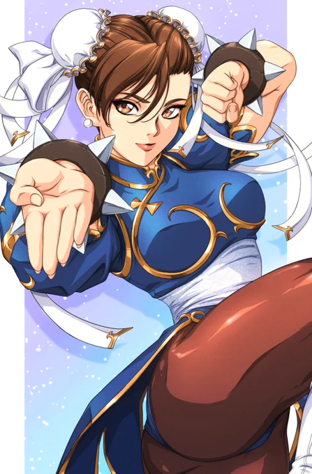 An retro anime style illustration of Chun-Li from Capcom's Street Fighter series. She is depicted in a fighting stance with a leg raised, one fist parallel to her face and an open palm extended toward the viewer. Updated from a piece originally drawn in 2024.