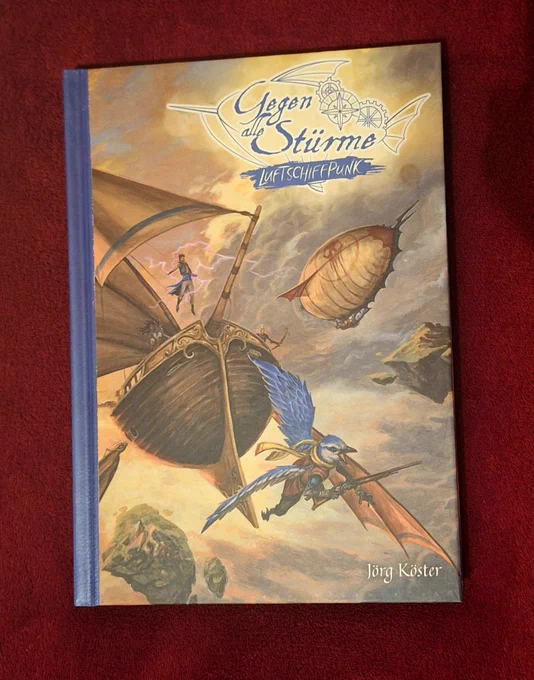 Titelbild des Rollenspiels "Gegen alle Stürme" von Jörg Köster bei System Matters mit mehreren Flugschiffen und fliegenden Wesen vor dem Hintergrund schwebender Felseninseln