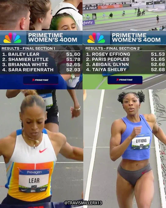 51.53 by Rosey Effiong to win U.S. 400m title and Bailey Lear's time from the first heat earns her second place.