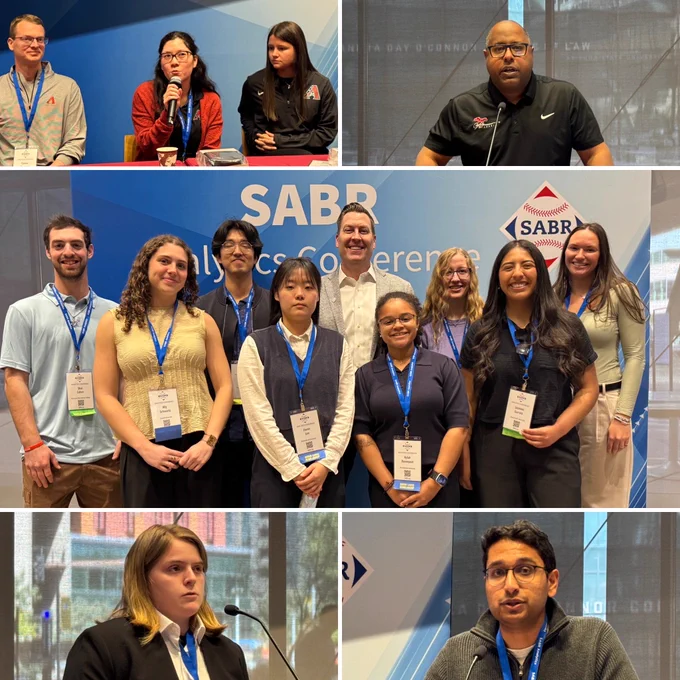 Clockwise from top-left: Arizona Diamondbacks Front Office 360 panel, Tyrone Brooks of Major League Baseball, SABR Analytics Conference Yoseloff Scholarship and Sarah Langs Scholarship recipients, Siddharth Ramakrishnan, Jessica Fackler.