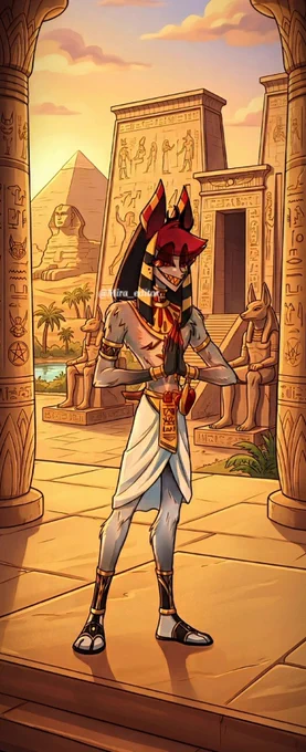 Fan art of Alastor from Hazbin Hotel in an Ancient Egyptian setting. The character stands in the center, styled after Anubis wearing a striped nemes headcloth with ears, golden jewelry, and a white shendyt loincloth. His hands are pressed together in a prayer-like gesture. The background features a majestic temple with hieroglyphics, two Anubis statues, the Sphinx, and a Great Pyramid under the warm glow of a sunset. The watermark @Mira_editor_ is placed in the center of the image.❤️🏜️