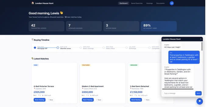 London House Hunt application built in VS Code with help from GitHub Copilot and pushed to Power Apps Code Apps. There is an agent chat in the bottom right hand corner for working with Copilot to find properties.