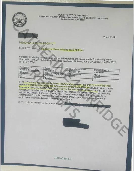 2020 Military testing records for toxic agents, including radiation, after Iran bombed US forces at the Al Asad airbase in Iraq.  