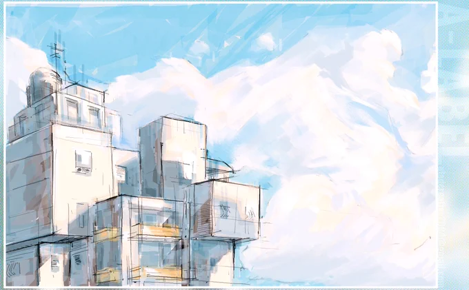 Digital painting artwork of a sunny day cloudy sky and a building 
used clipstudio paint   photoshop . sketchy lines and water paint brushes . 