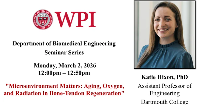 The left side of the image has the WPI seal and additional seminar information: “Department of Biomedical Engineering Seminar Series, Monday, March 2, 2026,  12:00 pm – 12:50 pm, “Microenvironment Matters: Aging, Oxygen, and Radiation in Bone-Tendon Regeneration”.

The right side of the image has Dr. Katie Hixon’s picture. Dr. Hixon is smiling at the camera and is sitting in front of a gray background. She has dark hair that falls past her shoulders and is wearing a dark teal blouse. Dr. Hixon’s name and affiliation are under the headshot: “Katie Hixon, PhD, Assistant Professor of Engineering, Dartmouth College”.
