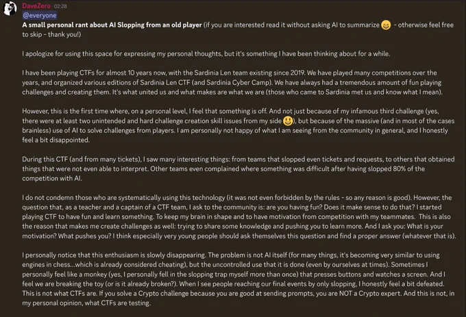 DaveZero's personal opinion towards AI slopping in CTFs. @Srdnlen CTF 2026 Quals Discord server.