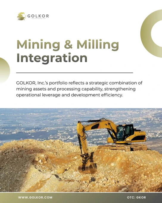 Yellow hydraulic excavator operating on a rocky gold mining site overlooking a developed valley, illustrating Golkor, Inc.’s integrated mining and milling strategy, operational efficiency, and scalable gold project development within established mineral corridors (OTC: GKOR).