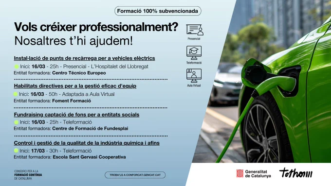 Llistat amb quatre cursos que comencen el 16 i 17 de març amb una Il·lustració d'un vehicle elèctric.