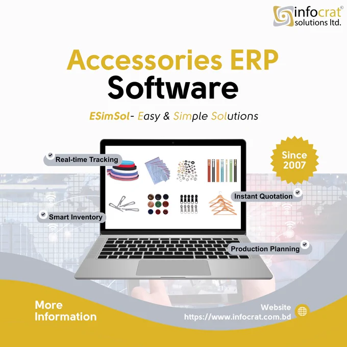 ESimSol Accessories ERP Software dashboard interface displaying production planning and inventory management modules for textile businesses in Bangladesh.