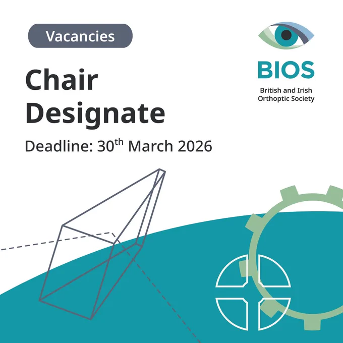 Graphical representation of a prism and a cog in BIOS colours on a white and teal background. Text reads "Vacancies. Chair Designate. Deadline: 30th March 2026."