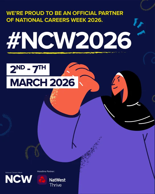 This image is a promotional poster for National Careers Week 2026. It features a stylized character with a raised fist, symbolizing empowerment. The text announces the event dates, March 2nd to 7th, 2026. It highlights NatWest Thrive as a headline partner and includes the hashtag #NCW2026.
