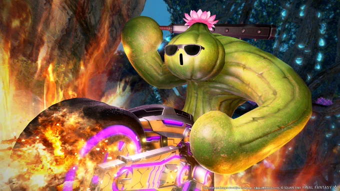 A Final Fantasy 14 screenshot of a barreltender with sunglasses wielding a spiked club over its right shoulder while riding an air wheeler through flames.