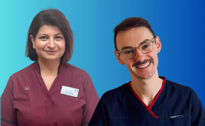 Two healthcare professionals wearing scrubs stand against a blue gradient background, one in burgundy and the other in navy with red trim.
