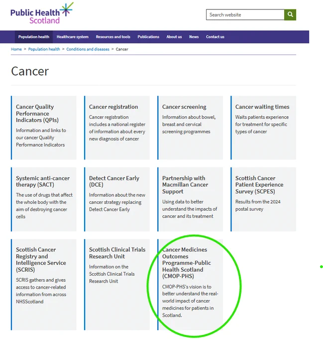 Screenshot of the PHS cancer website, with CMOP-PHS new page circled. 