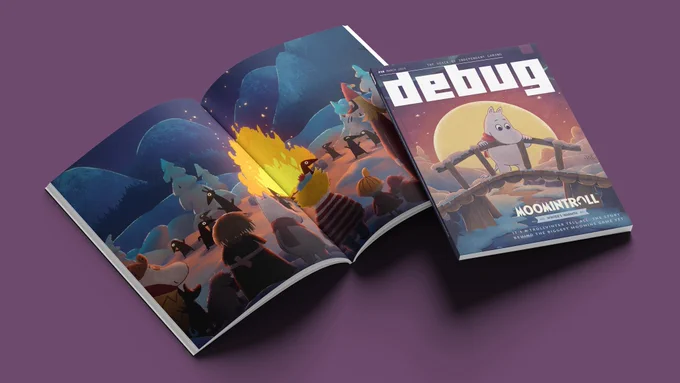 Promotional image for Debug Magazine issue 14, featuring artwork from the game Moomintroll: Winter’s Warmth