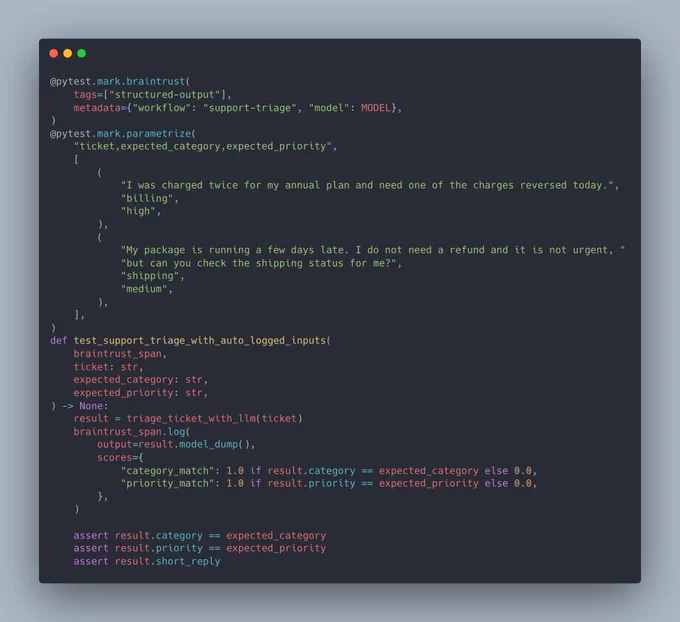 Python code snippet showing using the braintrust pytest integration.