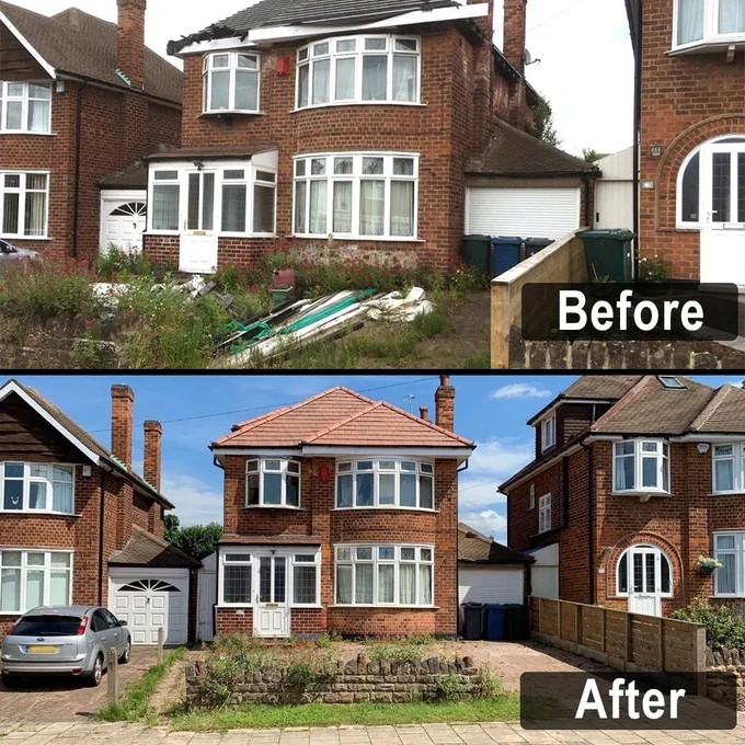 Two images of the same brick house labelled "Before" and "After." The "Before" image shows an unkempt garden and worn exterior. The "After" image displays a well-maintained garden and a new roof