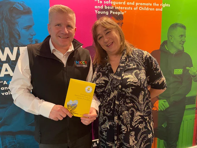 Commissioner Chris Quinn and Dr Katy Radford, the Director of the Office of Identity and Cultural Expression (OICE), at the NICCY office.