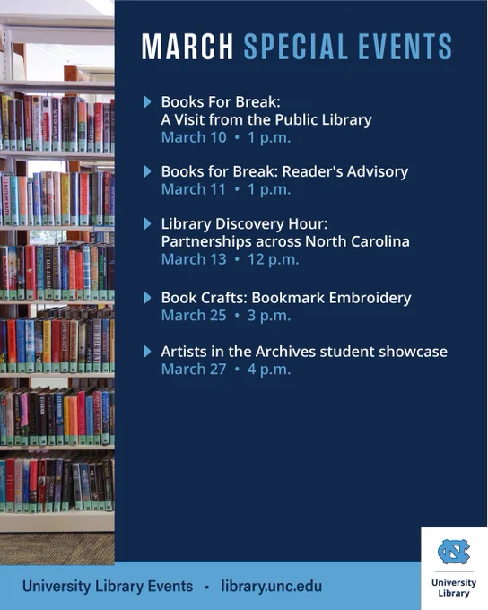 List of march special events happening at the University Library. Read the list of events at library.unc.edu