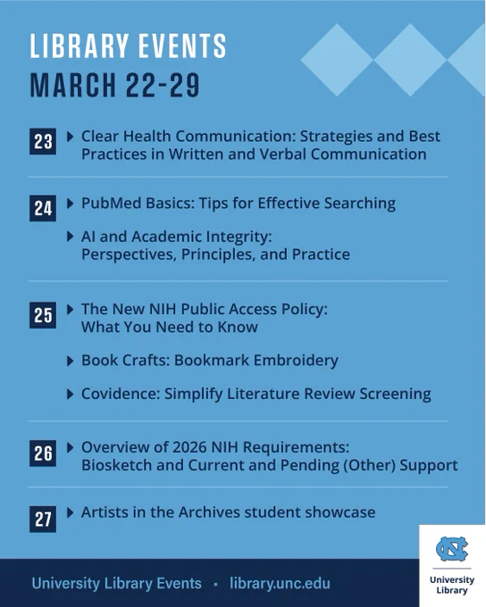 List of events happening at the University Library the week of March 22-29. See the list of events at library.unc.edu