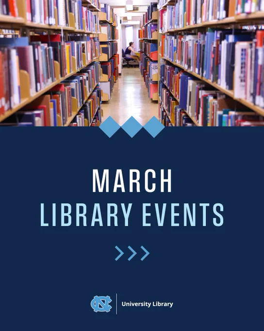 Photo of the stacks in the Music Library. Text reads March Library events. 