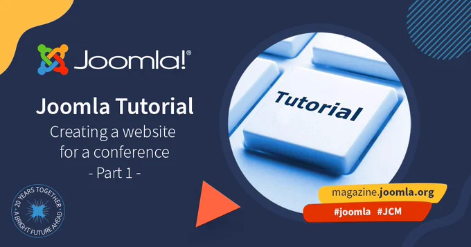 Close-up of a keyboard key labeled 'Tutorial' highlighting Joomla's guide on creating a conference website.