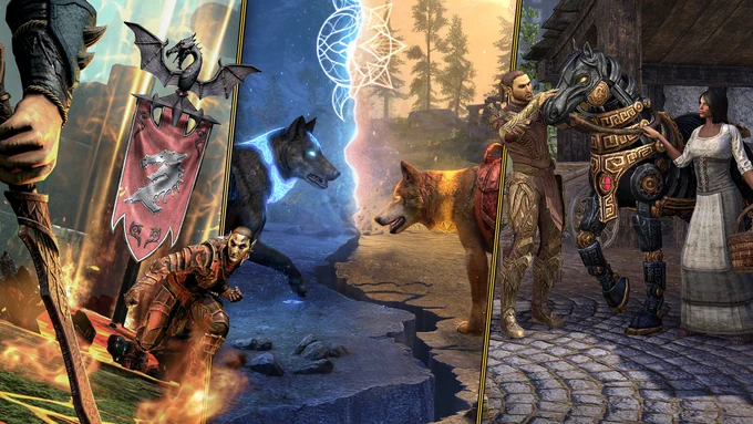 A Dragonknight readies to attack, Tamriel Tomes premium rewards, and new stablemaster mount.