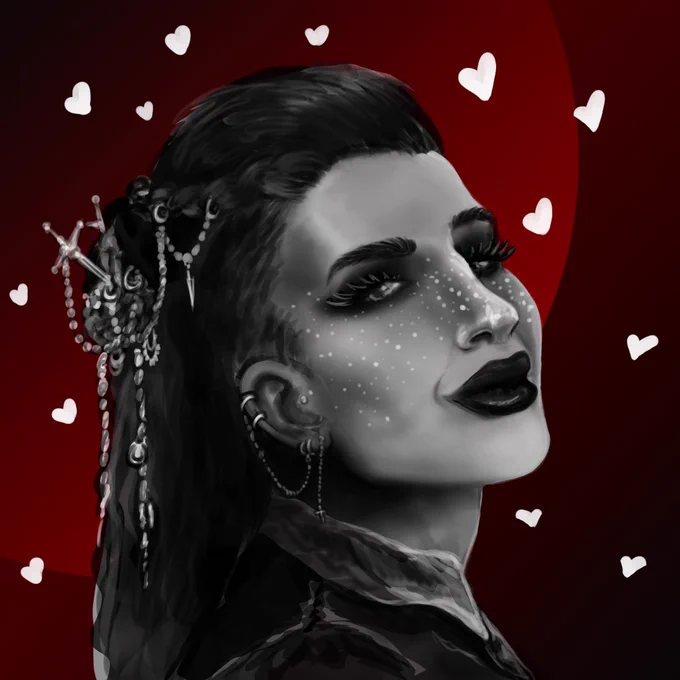 A black and white/grey scale sketchy portrait of a woman with dark makeup, white freckles, and hair jewlery looking towards the viewer. The background is gradient red/black with white hearts around her.