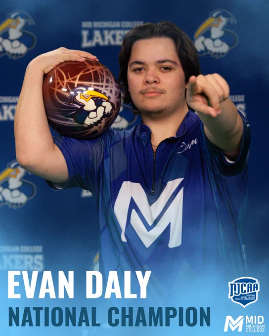 Evan Daly from the Men's Laker Bowling Team poses with a bowling ball in front of backdrop. 