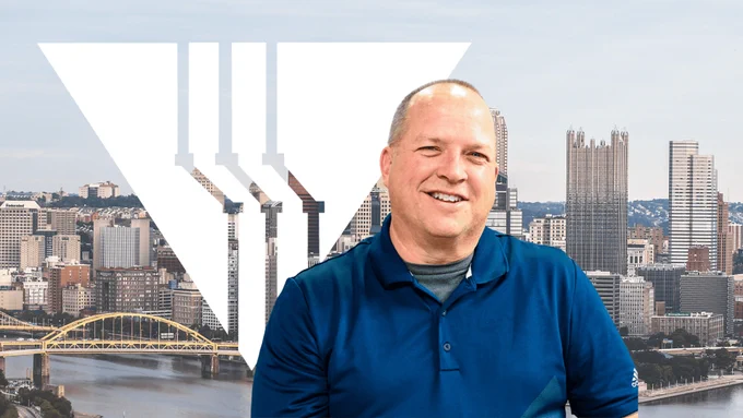 graphic with a man in front of the PSC logo and the Pittsburgh skyline