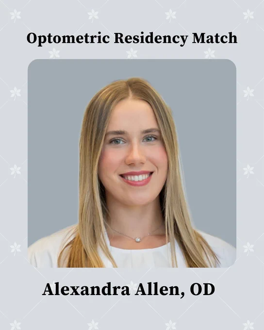Image with headshot of Dr. Alexandra Allen and text saying "Optometric Residency Match" "Alexandra Allen, OD"