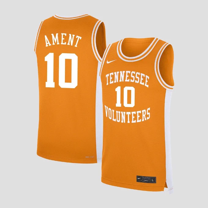 The front and back of an orange Nate Ament Tennessee Basketball jersey.