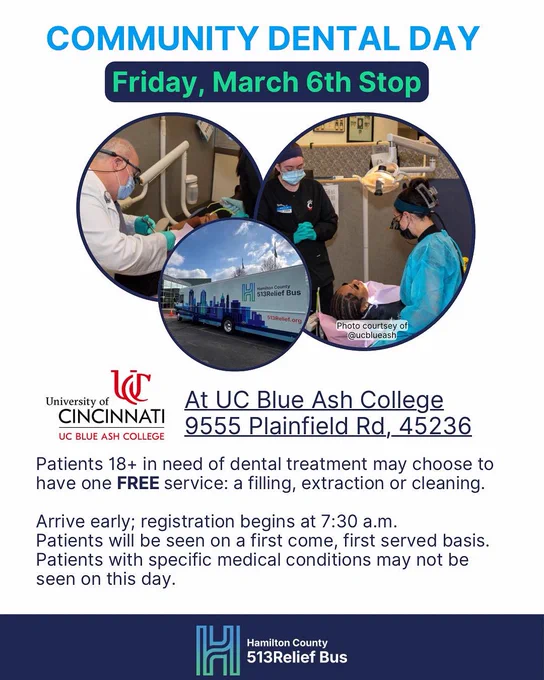 A flyer with 3 photos, 2 of dentists and one of the 513Relief Bus. It says Community Dental Day Friday MArch 6th stop across the top.
