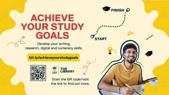 A graphic with the following message - Achieve your study goals. Develop your writing, research, digital and numeracy skills.