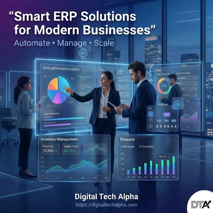 Promotional Instagram post for Digital Tech Alpha featuring professionals interacting with futuristic ERP dashboards displaying finance, inventory, and CRM analytics in a blue high-tech office environment.