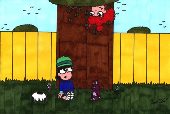 Jerry is sitting next to his soccer ball and his toy rabbit, Fluffier, under the tree in the backyard. He looks up and sees Emily hanging upside down from the tree, alongside her toy bear, Barry, as leaves fall down around them.