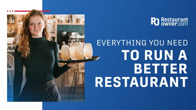A person is holding a tray with several glasses filled with a light-colored drink, standing in a restaurant setting. The image includes the logo and text for "RestaurantOwner.com" on the right and the slogan "Everything you need to run a better restaurant."