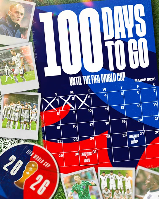 A graphic showing a montage of images and a calendar for the month of March 2026. In large text: '100 days to go until the FIFA World Cup.'