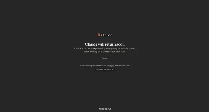 A service disruption notice from Claude, stating it will return soon, with an error code for support assistance.