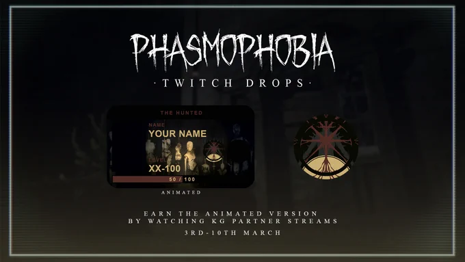A promotional asset showing the Twitch Drop that will be available alongside the launch of the Tanglewood rework in Phasmophobia. The drop is named The Hunted and depicts several mannequins lit by a golden light. It will be available in an animated form from watching 2 hours of Kinetic Games Partner streams beginning 3rd March for one week.