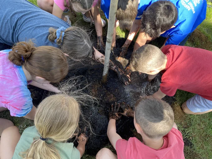 Schoolyard Canopy program - "over the shoulder" view of students planting - horizontal - photo credit: N.H. Division of Forests & Lands
