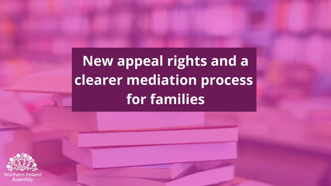 Purple coloured graphic with the text 'new appeal rights and a clearer mediation process for families'.